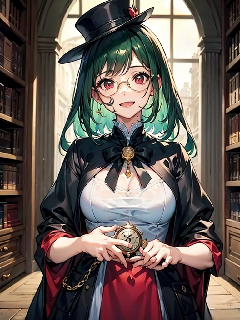 （（（masterpiece、Highest image quality、highest quality、highly detailed unity 8ｋwallpaper）））、（（Illustration of one girl、upper body））、（（（beautiful girl）））、（librarian）、（Emerald green hair、messy hair、sidelocks：1.2、red eyes、crazy smile）、（（（flat chest）））、（（（monocle）））、pocket watch、（（（Black top hat、Black tuxedo）））、great medieval library、Large amount of books