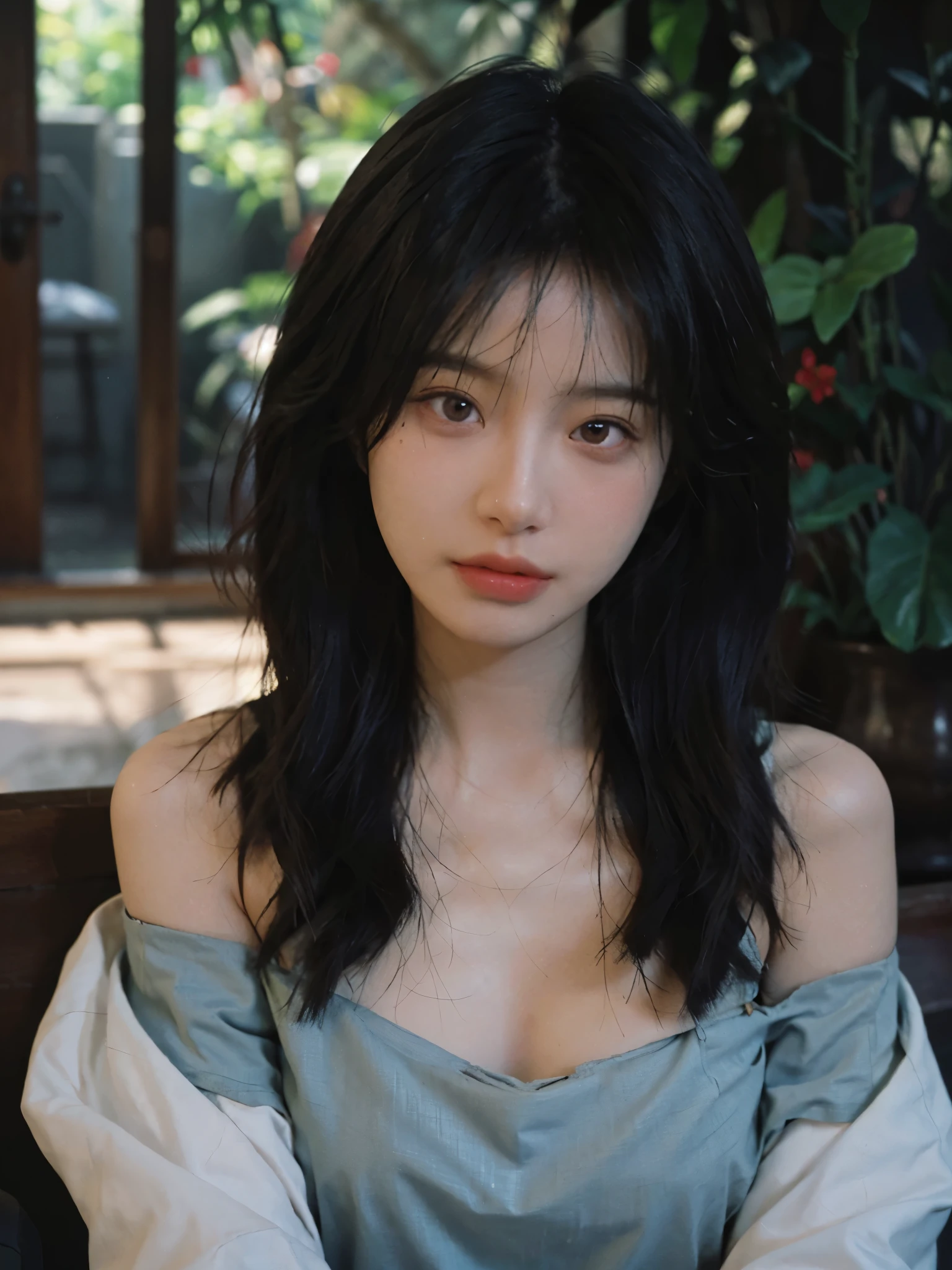 Film portrait photography, 1 girl, bare shoulders, Shoulder length wavy hair, serene, calm, (Realistic and detailed eyes, natural skin texture, Realistic facial details), Soft dramatic lighting, depth of field, Bokeh, Vibrant details, Detailed and detailed, surreal, 35mm film, hazy, ,