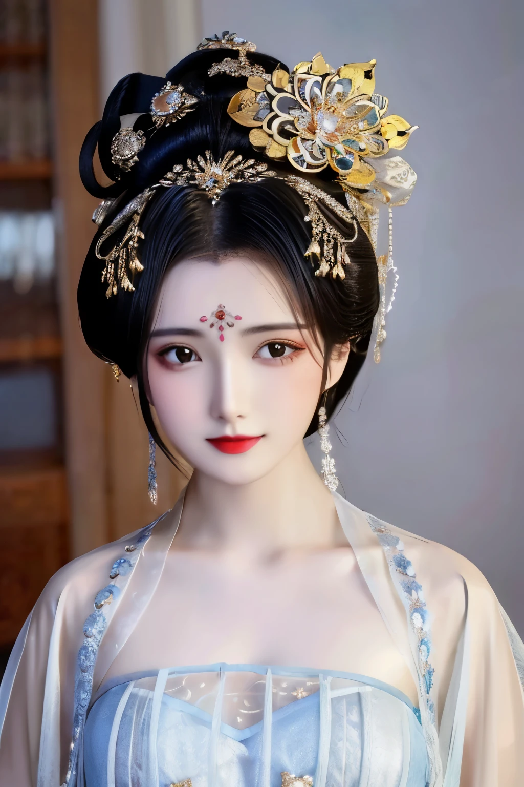 1girll, Solo, Masterpiece, Gorgeous metal style with extreme detail, hair1yunbing,short hair,hair bun,big hair,hair up,updo, A detailed eye, metal crown，Decorated with ornate stripes, floated hair, detail in face, Clothes made of silver, Clothes with gold lace, ,