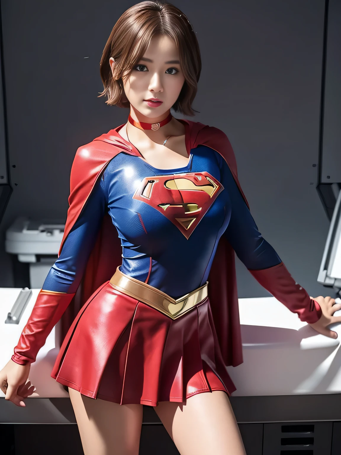 masterpiece、Supergirl costumes、short hair、barefoot、big and full breasts、operating room、operating table、straddle、Tattered、shiny、look at the camera、Seduce、choker、long sleeve、red mini skirt、Cowgirl、Estrus