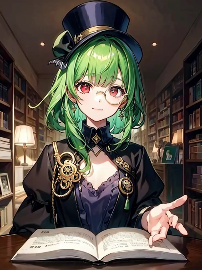 (((masterpiece、Highest image quality、highest quality、highly detailed unity 8kwallpaper)))、((Illustration of one girl、upper body))、(((beautiful girl)))、(librarian)、(Emerald green hair、messy hair、sidelocks:1.2、red eyes、crazy smile)、(((flat chest)))、(((monocle)))、pocket watch、(((Black top hat、Black tuxedo)))、great medieval library、Large amount of books