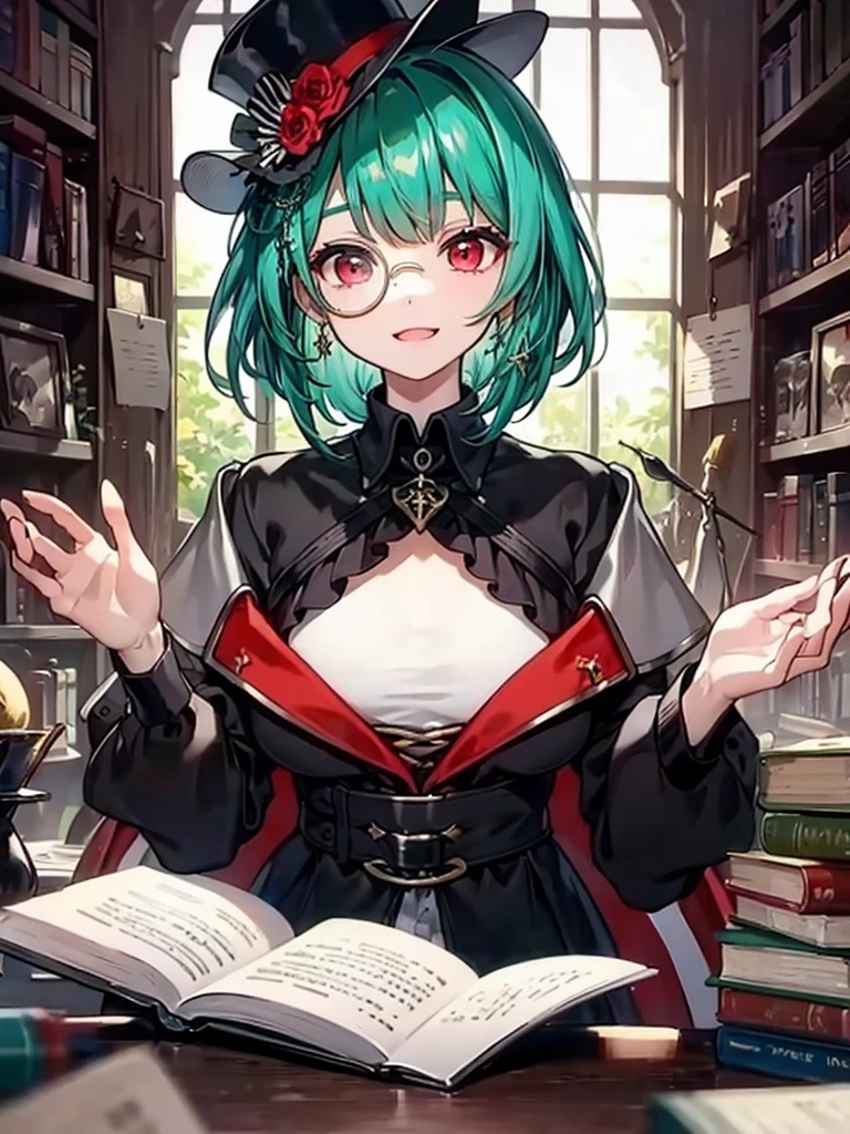 （（（masterpiece、Highest image quality、highest quality、highly detailed unity 8ｋwallpaper）））、（（Illustration of one girl、upper body））、（（（beautiful girl）））、（librarian）、（Emerald green hair、messy hair、sidelocks：1.2、red eyes、crazy smile）、（（（flat chest）））、（（（monocle）））、pocket watch、（（（Black top hat、Black tuxedo）））、great medieval library、Large amount of books