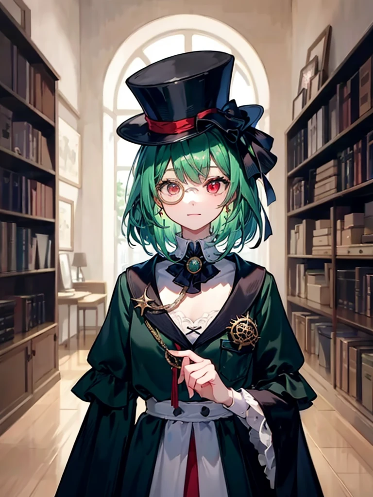 (((masterpiece、Highest image quality、highest quality、highly detailed unity 8kwallpaper)))、((Illustration of one girl、upper body))、(((beautiful girl)))、(librarian)、(Emerald green hair、messy hair、sidelocks:1.2、red eyes、crazy smile)、(((flat chest)))、(((monocle)))、pocket watch、(((Black top hat、Black tuxedo)))、great medieval library、Large amount of books