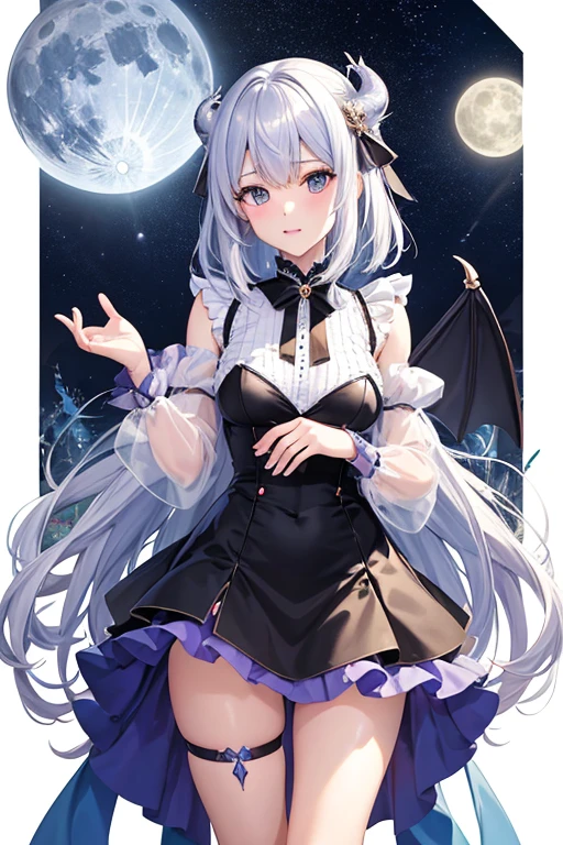 ((masterpiece、Super detailed、intricate details、high quality、An illustration))、dragonと女の子 、18-year-old、155cm、45kg、C cup、beautiful girl、Magical girl((short cut slim body、A body with no slack at all、silver hair、platinum blonde、odd eye、Black eyes、blue eyes、Rin々new expression))、(rainbow colored leotard dress、sheer ruffle leotard dress、Sheer skirt、Frilled ribbon on the chest、large ribbon on the back)beautifully、be familiar with、risky、whole body、See-through、has a blue sword、full moon、moonlight、Cleavage is exposed、dragon((dragonに乗っている、dragonの頭の上に立っている、Dragon Knight、神秘的なdragon、勇ましいdragon、dragonの頭の上に立つ少女、少女を頭に乗せるdragon、咆哮するdragon))Overall image、whole body、View from a distance、dragonの顔、firmament、night sky、dragonと少女が共に在る、dragonと共存、dragonに身を寄せる少女、少女とdragonは親友