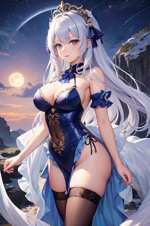 ((masterpiece、Super detailed、intricate details、high quality、An illustration))、dragonと女の子 、18-year-old、155cm、45kg、C cup、beautiful girl、Magical girl((short cut slim body、A body with no slack at all、silver hair、platinum blonde、odd eye、Black eyes、blue eyes、Rin々new expression))、(rainbow colored leotard dress、sheer ruffle leotard dress、Sheer skirt、Frilled ribbon on the chest、large ribbon on the back)beautifully、be familiar with、risky、whole body、See-through、has a blue sword、full moon、moonlight、Cleavage is exposed、dragon((dragonに乗っている、dragonの頭の上に立っている、Dragon Knight、神秘的なdragon、勇ましいdragon、dragonの頭の上に立つ少女、少女を頭に乗せるdragon、咆哮するdragon))Overall image、whole body、View from a distance、dragonの顔、firmament、night sky、dragonと少女が共に在る、dragonと共存、dragonに身を寄せる少女、少女とdragonは親友
