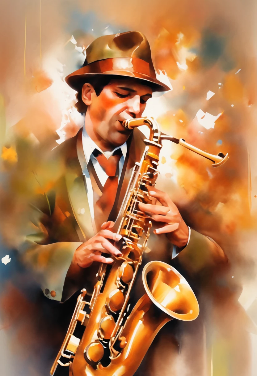 A man wearing a hunting hat energetically plays the saxophone,jazz