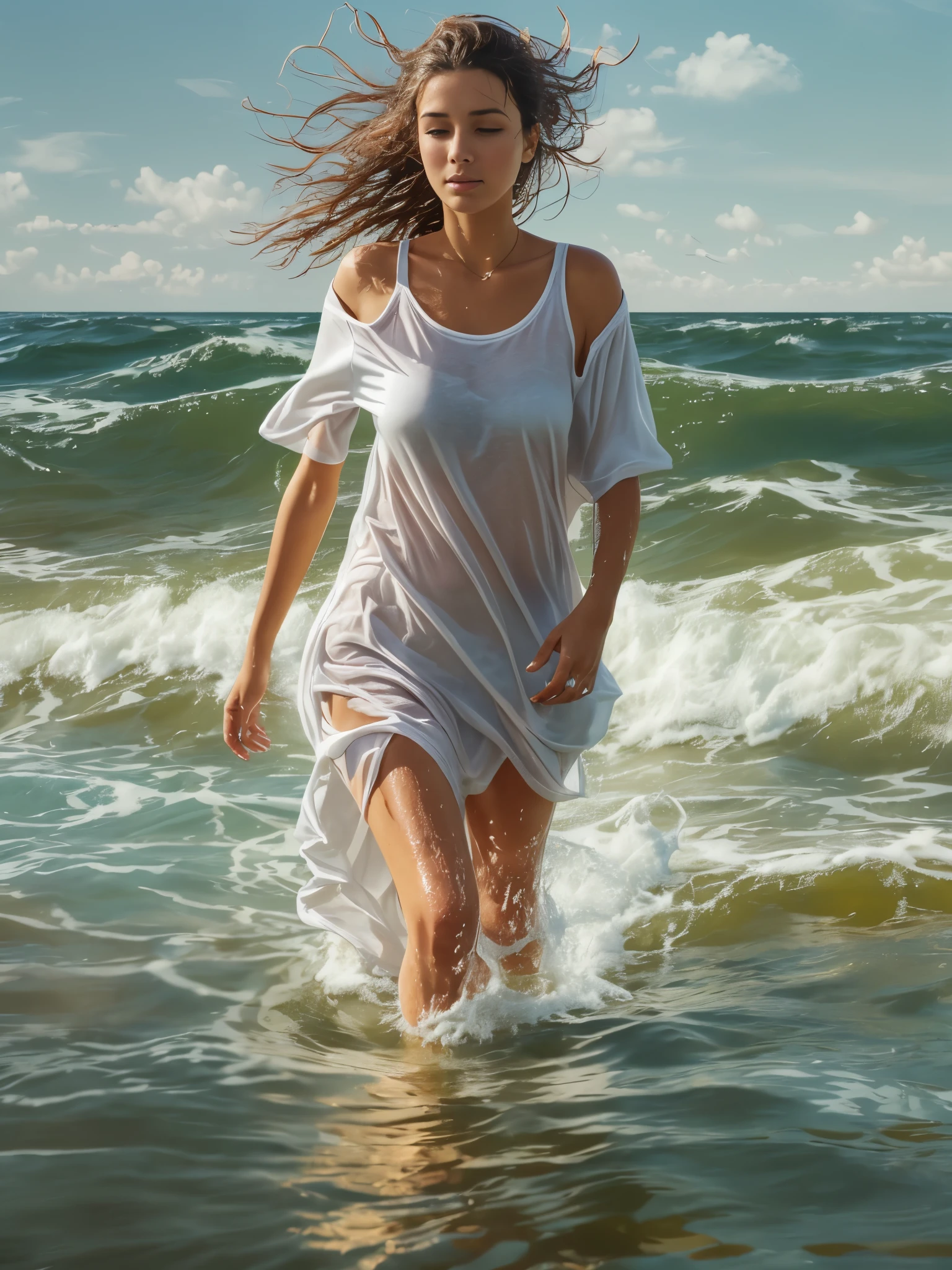 Best Quality, Masterpiece, Ultra High Resolution, (Realism: 1.4), Original Photo, 1Girl, wearing a wet t-shirt dress in the sea, carefree, wading,  wet clothes, clinging, bright sunshine, photorealistic