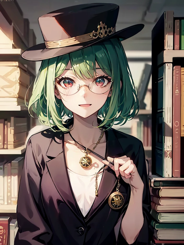 （（（masterpiece、Highest image quality、highest quality、highly detailed unity 8ｋwallpaper）））、（（Illustration of one girl、upper body））、（（（beautiful girl）））、（librarian）、（Emerald green hair、messy hair、sidelocks：1.2、red eyes、crazy smile）、（（（flat chest）））、（（（monocle）））、pocket watch、（（（Black top hat、Black tuxedo）））、great medieval library、Large amount of books