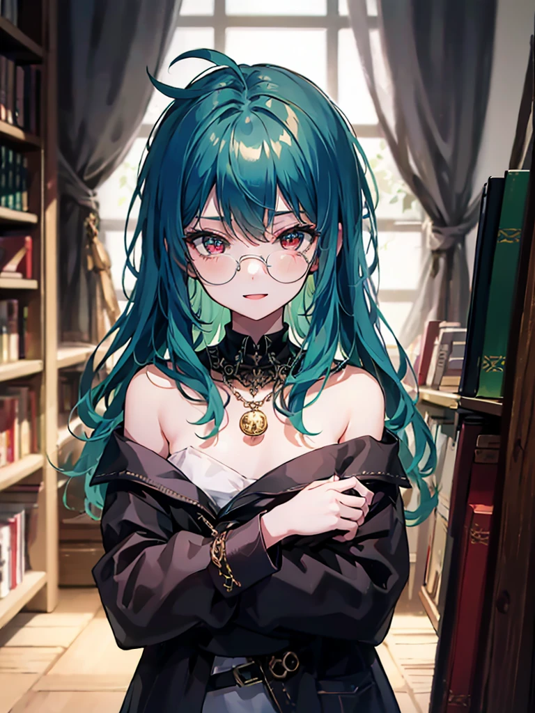（（（masterpiece、Highest image quality、highest quality、highly detailed unity 8ｋwallpaper）））、（（Illustration of one girl、upper body））、（（（beautiful girl）））、（librarian）、（Emerald green hair、messy hair、sidelocks：1.2、red eyes、crazy smile）、（（（flat chest）））、（（（monocle）））、pocket watch、（（（Black top hat、Black tuxedo）））、great medieval library、Large amount of books