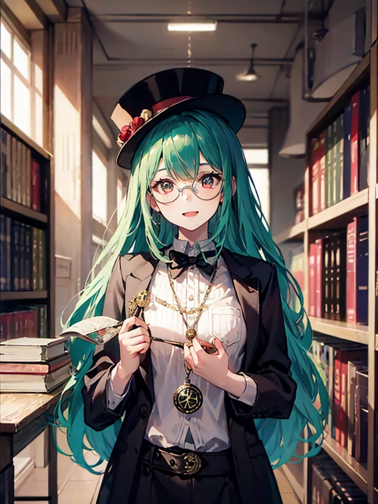 (((masterpiece、Highest image quality、highest quality、highly detailed unity 8kwallpaper)))、((Illustration of one girl、upper body))、(((beautiful girl)))、(librarian)、(Emerald green hair、messy hair、sidelocks:1.2、red eyes、crazy smile)、(((flat chest)))、(((monocle)))、pocket watch、(((Black top hat、Black tuxedo)))、great medieval library、Large amount of books