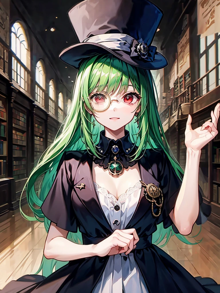 (((masterpiece、Highest image quality、highest quality、highly detailed unity 8kwallpaper)))、((Illustration of one girl、upper body))、(((beautiful girl)))、(librarian)、(Emerald green hair、messy hair、sidelocks:1.2、red eyes、crazy smile)、(((flat chest)))、(((monocle)))、pocket watch、(((Black top hat、Black tuxedo)))、great medieval library、Large amount of books