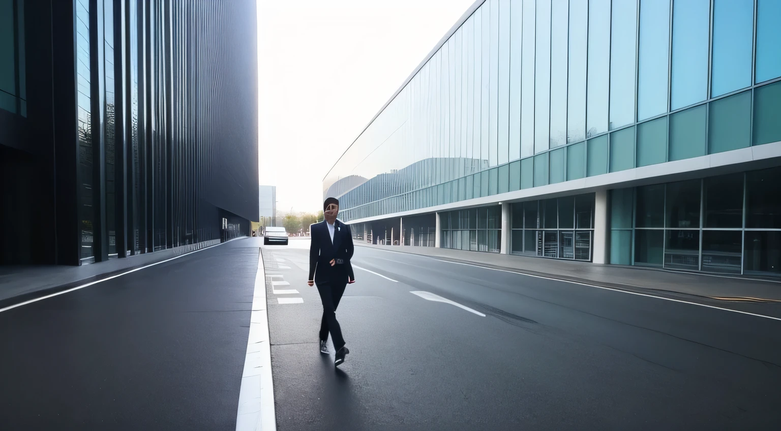 Full body shot of dark hair man walking to sportscar  in front super modern building shot with a medium format camera