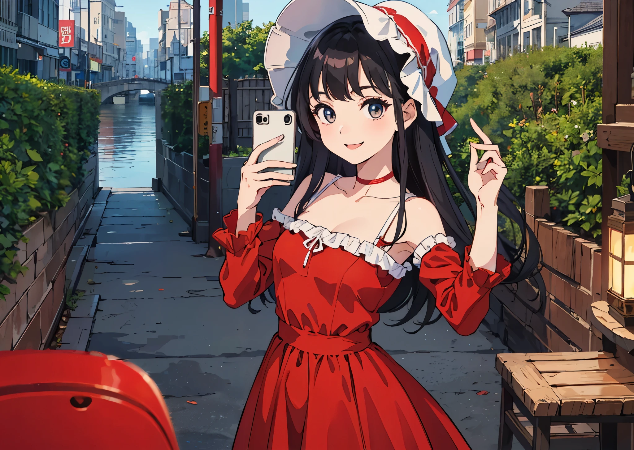 (masterpiece, best quality), 1girl, smiling, pretty, taking a selfie, outdoors, beautiful face, bonnet, red dress