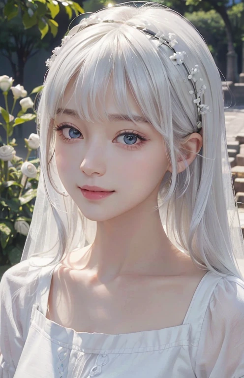 high resolution)、(8k)、(Very detailed)、(Best Illustration)、(Beautiful and delicate eyes)、(top quality)、(Super detailed)、(​Masterpiece)、(wallpaper）、（a delicate face）1 girl looking at the audience、a delicate face、bright sunshine、deep shadow、low profile、purebred face_v1、a smile、Pixie cut、women&#39;s shirts、46 points oblique bangs、long white hair