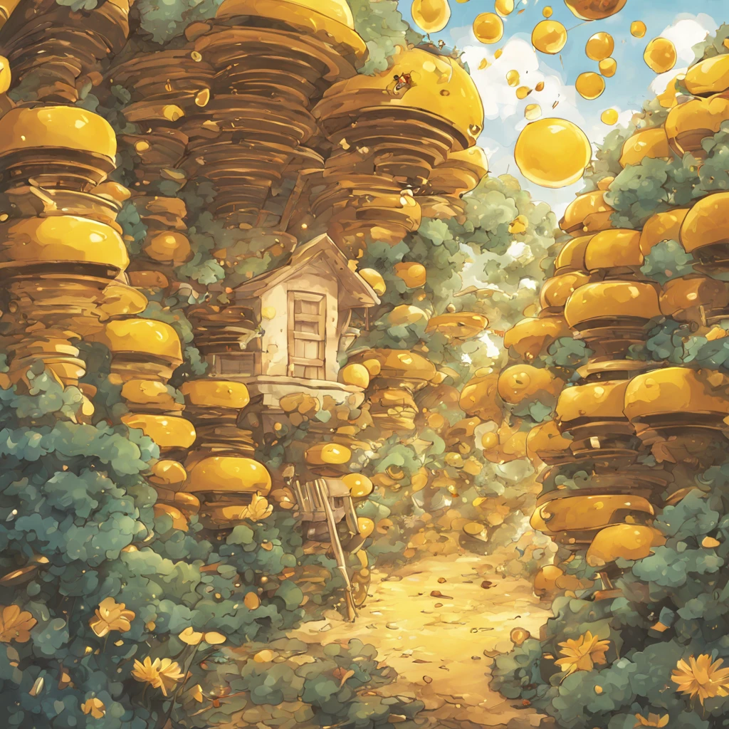 best quality, manga, anime, honey overflows from the beehive, nests, fantasy world