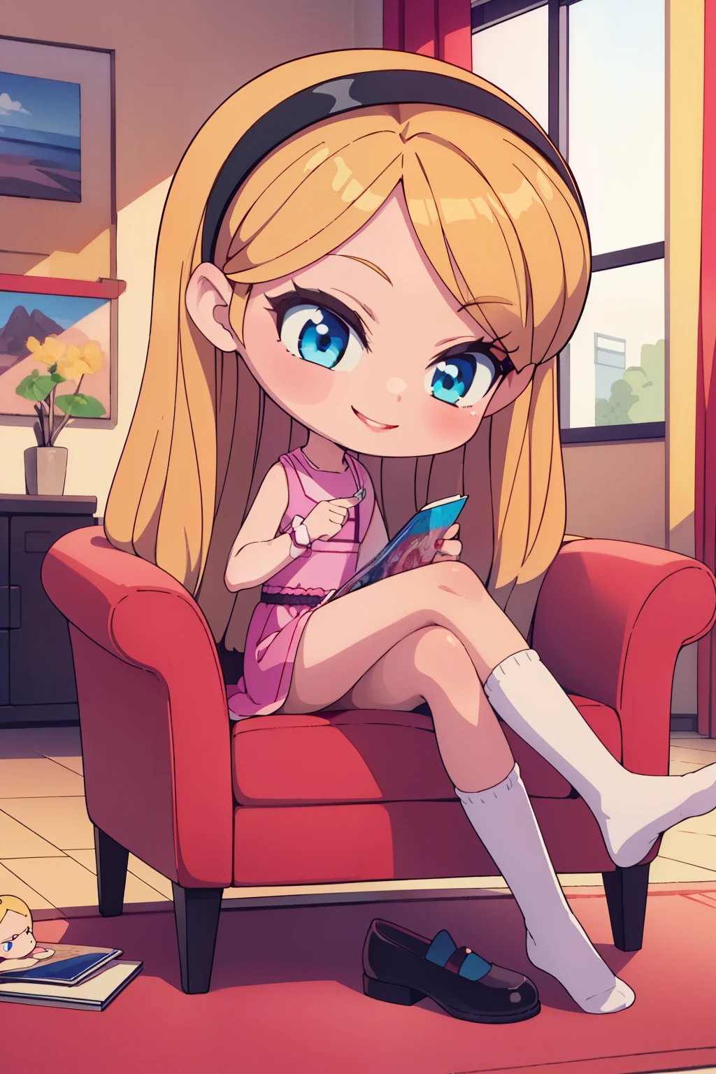 ((masterpiece), best quality)),1girl, solo,full body, beautiful, very young, , penny peterson, blonde hair, hairband, pink dress, blue eyes, red lips, high tube socks, no shoes, cute smile, legs crossed, scenery, living room, black leather sofa, living room, beautiful art,
