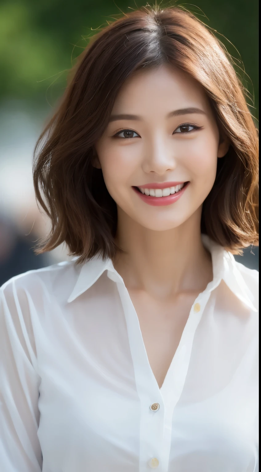 ((Best Quality, 8K, Masterpiece: 1.3)), Sharp Focus: 1.2, A Beautiful Woman with Perfect Figure: 1.4, Slim Abs: 1.2, (Layered Hairstyle,: 1.2)), (Wet White Button Long Shirt: 1.3), Rain: 1.3, Street: 1.2, Wet Body: 1.1, Highly Detailed Face and Skin Texture, Detailed Eyes, Double Eyelids, Big Breasts, Smile,
