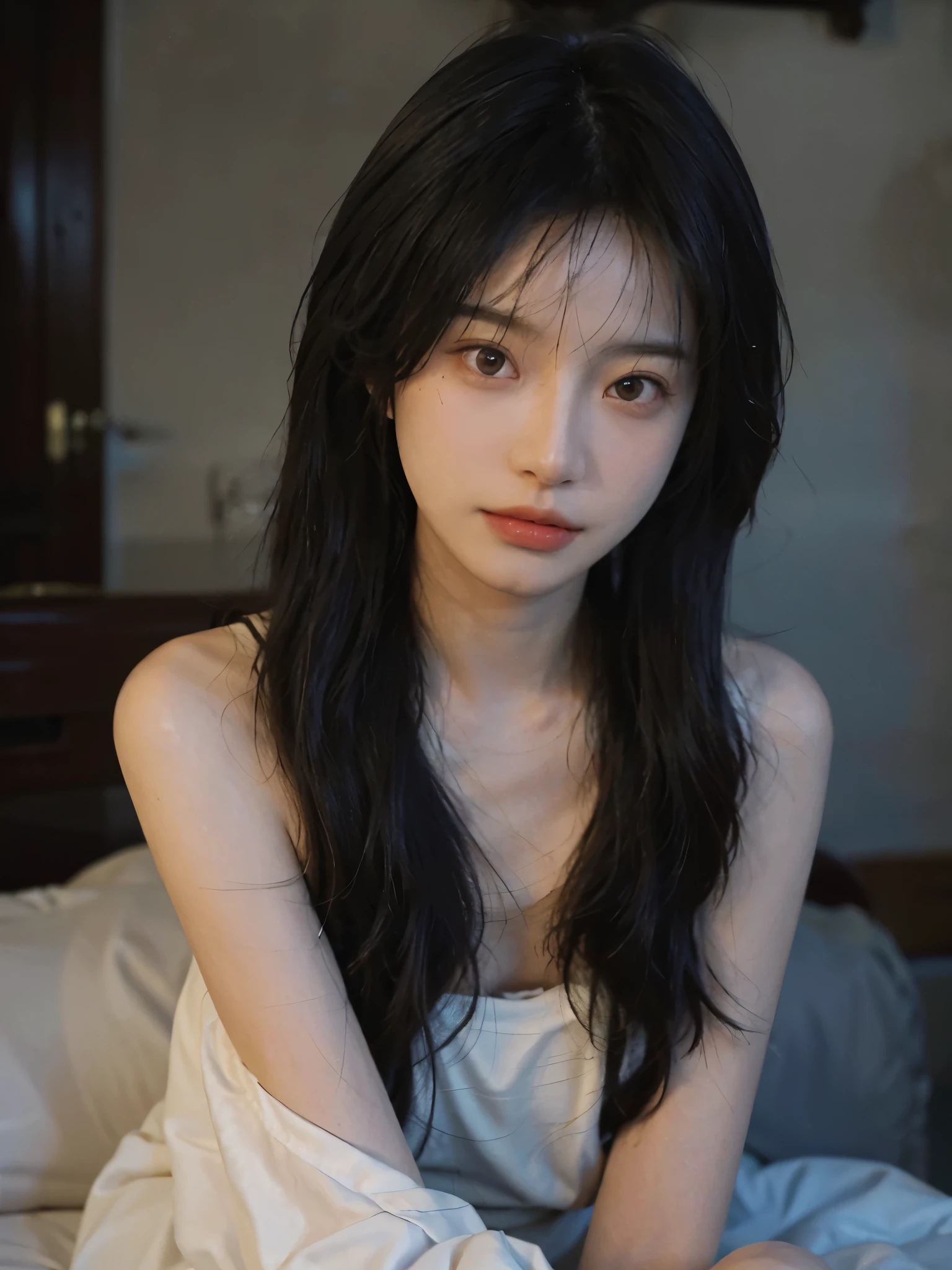 Film portrait photography, 1 girl, bare shoulders, Shoulder length wavy hair, serene, calm, (Realistic and detailed eyes, natural skin texture, Realistic facial details), Soft dramatic lighting, depth of field, Bokeh, Vibrant details, Detailed and detailed, surreal, 35mm film, hazy, ,