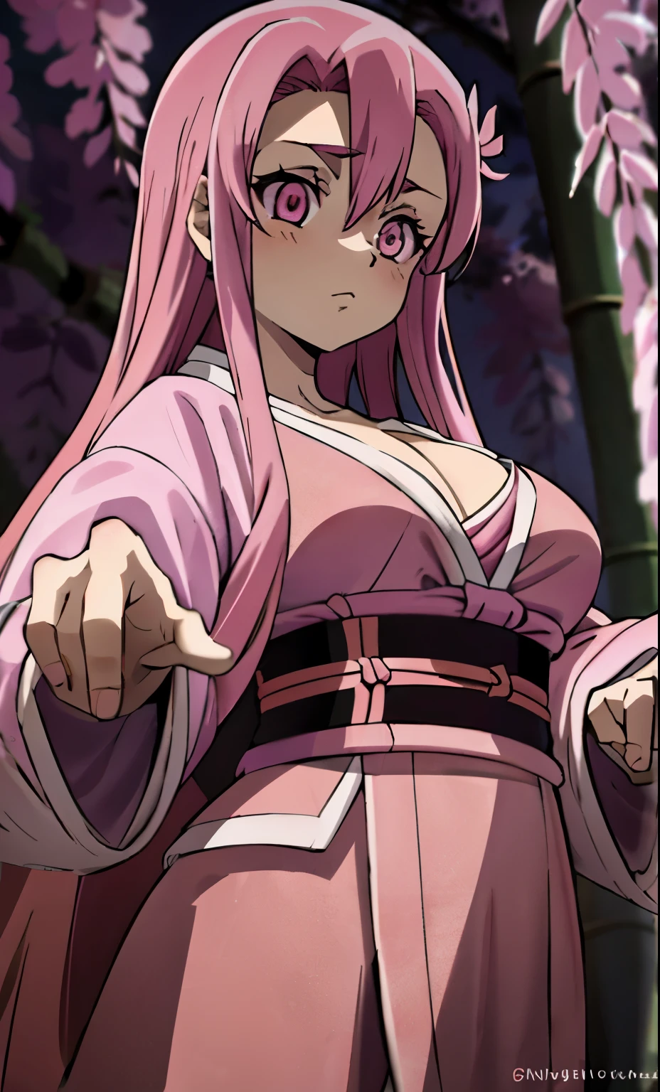 a woman with long pink hair masterpiece, (pink kimono), , seductive face, good lighting, décolleté, huge breasts, small details, masterpiece, glowing eyes, 1girl, pink hair, gag, bamboo, Nezuko Kamado, wisteria background, masterpiece, best quality, POV, whole body, wide hips,