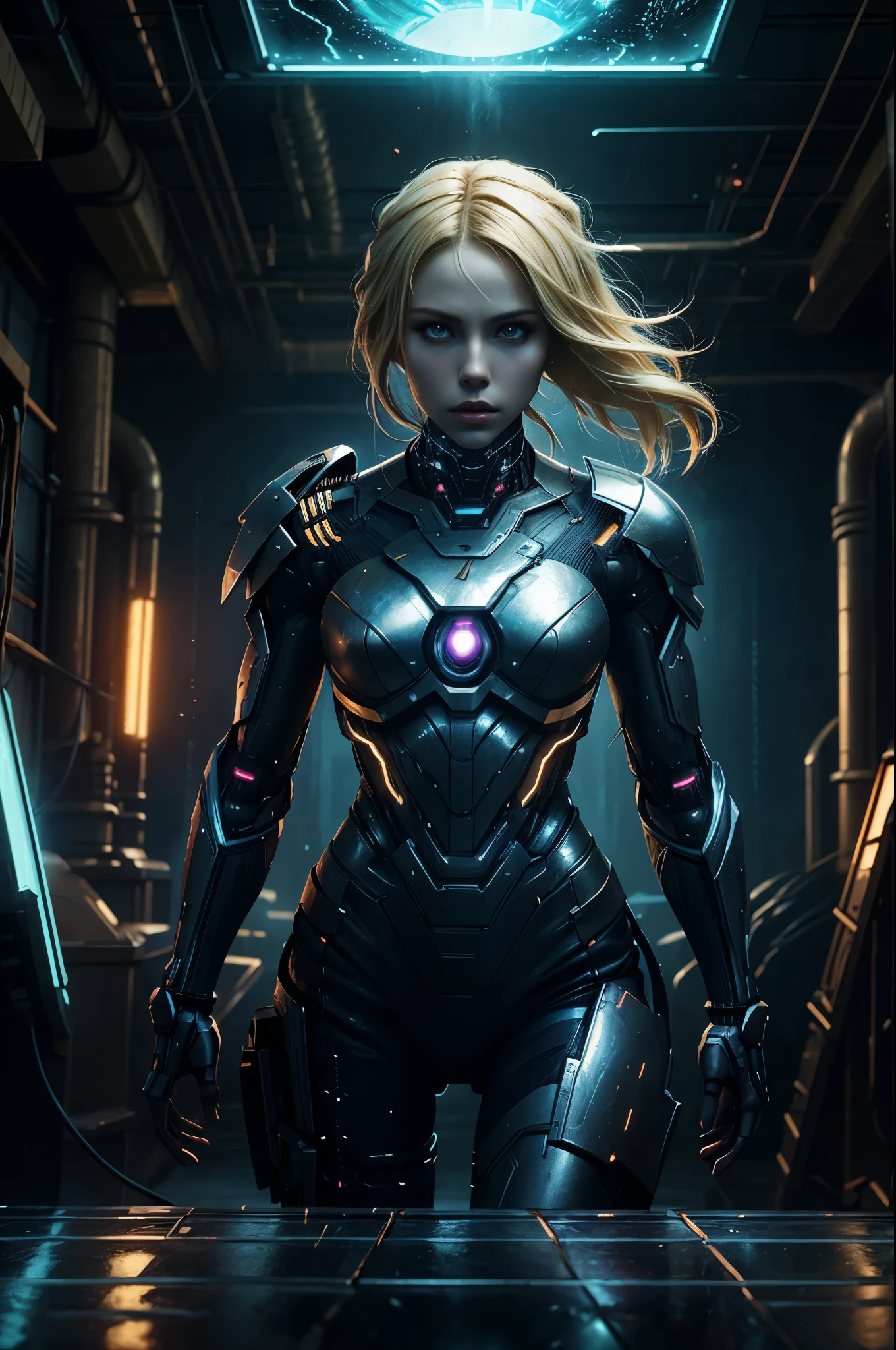 Cybernetics, action movie protagonist, blonde female warrior, virus, cyberspace, repeating patterns, unreal, sound waves, free melody, digital world, reflection, masterpiece, 32k UHD resolution, high quality, professional photography, depth of filed, sci-fi, cinematic angle, cinematic lights, dynamic warrior pose --ar 3:4 --v 5. 2