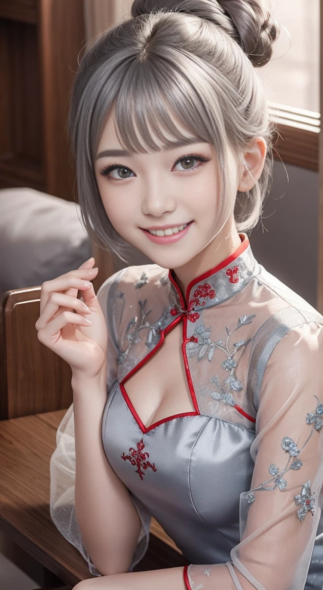young girl, short gray hair, bun hair, red eyes, grin, Grey cheongsam, translucent, Fans, grin, sit, masterpiece, high quality