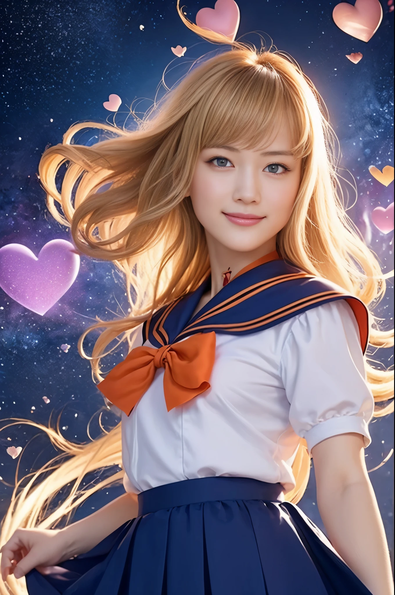 (masterpiece、highest quality;1.3)、Highly detailed CG、Super detailed、1 girl、solo、A sloppy smile、look at the audience、Stylish angles、Blonde long hair、blue eyes、 SV1、sailor warrior uniform、orangeskirt、elbow bag、tiara、orangesailorcollar、red bow、orange choker、white handbag、jewelry、From above、 many hearts、face focus、venus、tornado、the background is abstract、Storm of Hearts、Heart Beam、Heart Bubble、hearts ballon、Heartster、Heart flower、Heartlight、Heart World、heart background、galaxy background、Weapons of Hearts、Heart Aura、
