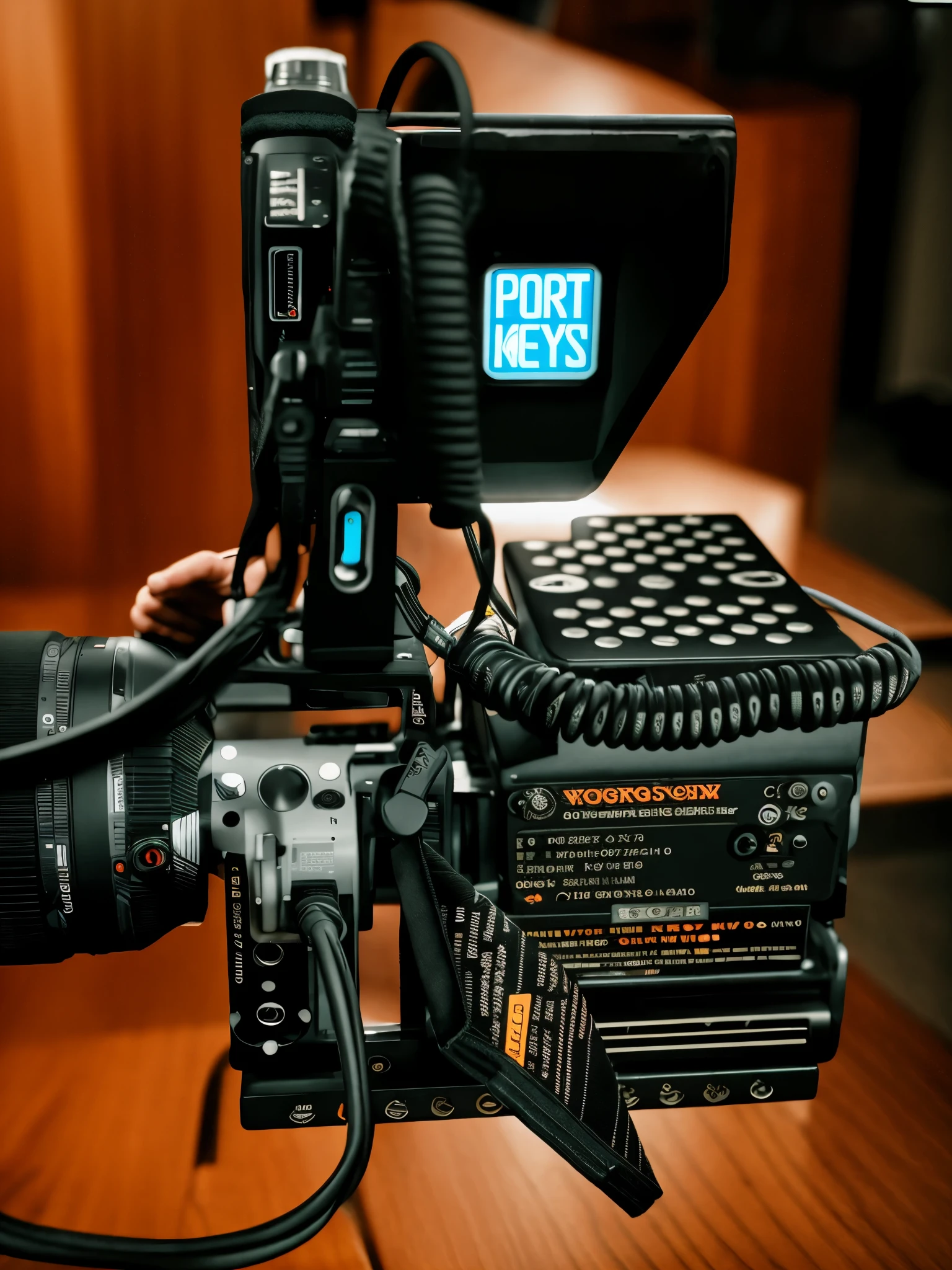 There is a camera and a microphone on the table, Still 800t 8k, 8 k 1 5 0 mpx, 8K depth of field, Octagon 8k, High resolution 8K, Medium shot from behind, 8k dopp, DSLR 8k, DSLR 8k, close-up shot taken from behind, 8K digital SLR camera