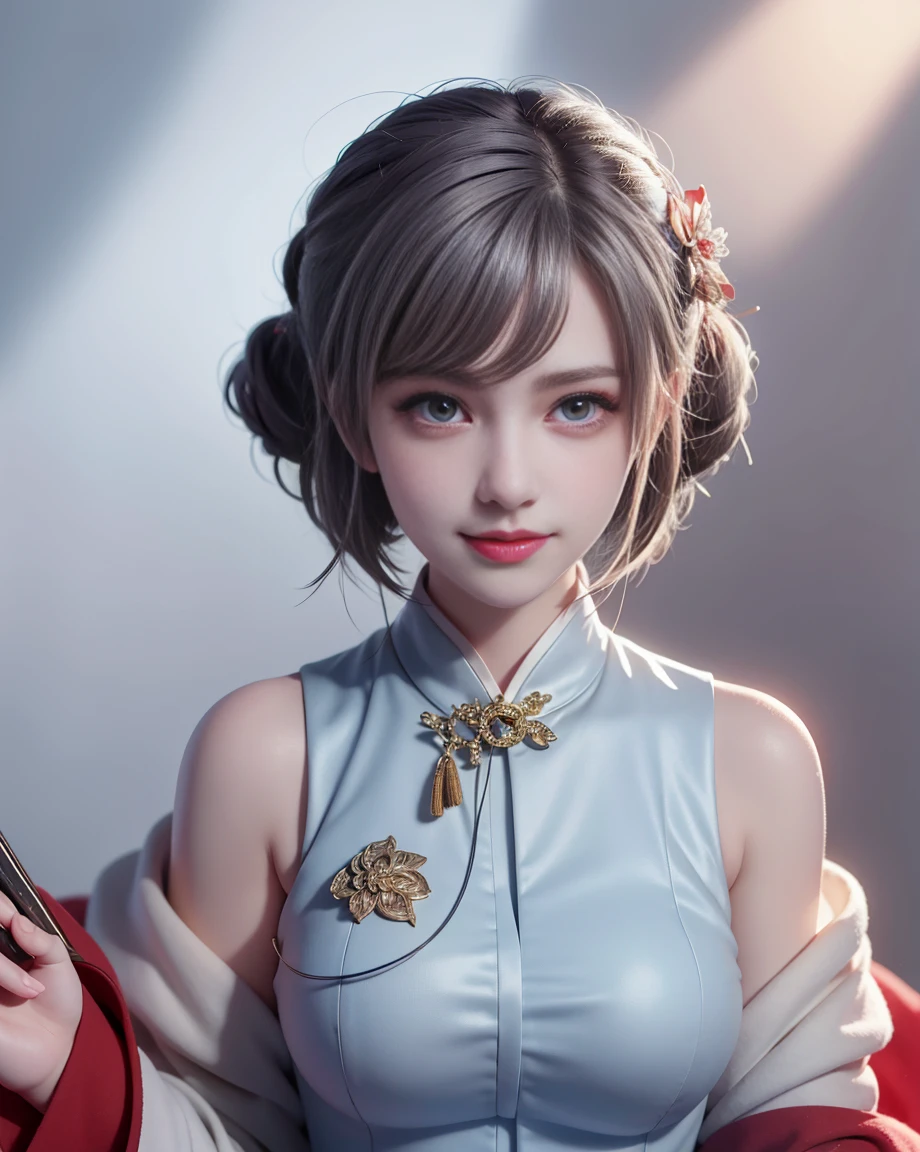 young girl, short gray hair, bun hair, red eyes, grin, Grey cheongsam, translucent, Fans, grin, sit, masterpiece, high quality