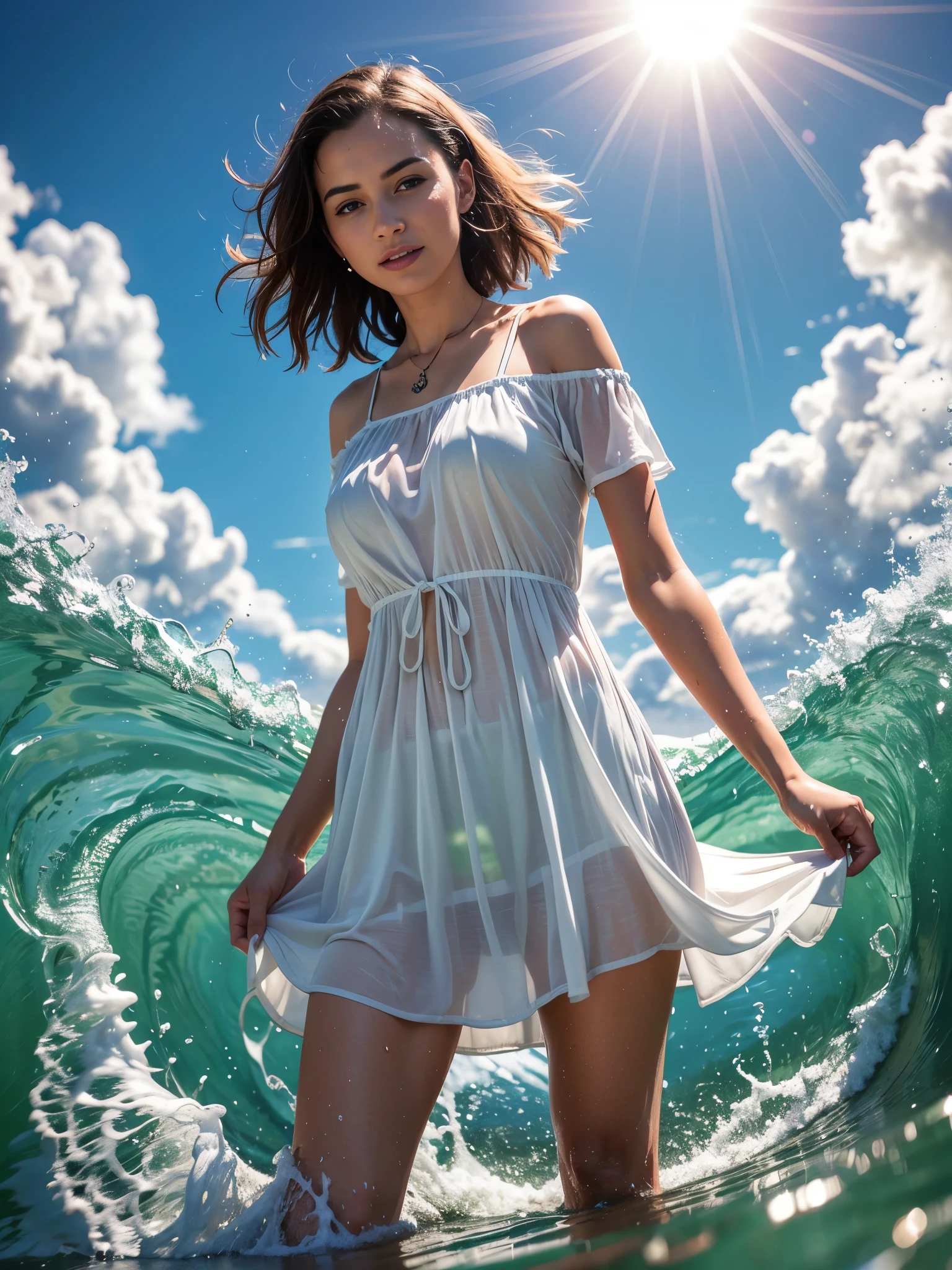 Best Quality, Masterpiece, Ultra High Resolution, (Realism: 1.4), Original Photo, 1Girl, wearing a wet t-shirt dress in the sea, carefree, wading,  wet clothes, clinging, bright sunshine, photorealistic, in water up to her waist, waves