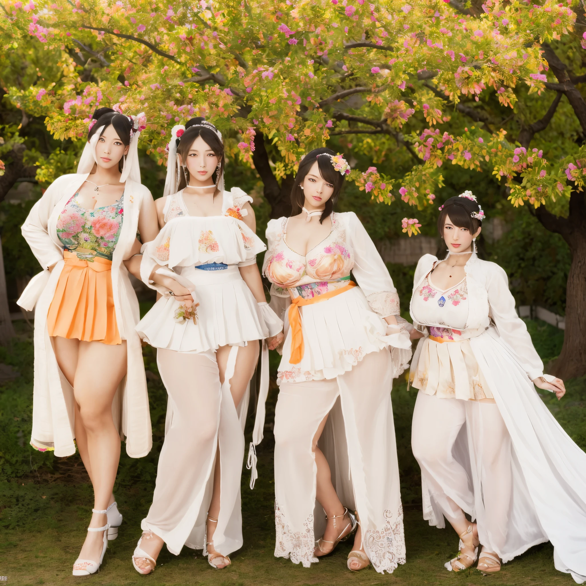 best quality, masterpiece, highres,3girls,Beautiful face,full body,chinese clothes,white Taoist robes,right hand hold sword with (Gorgeous ornamentation),peach trees,