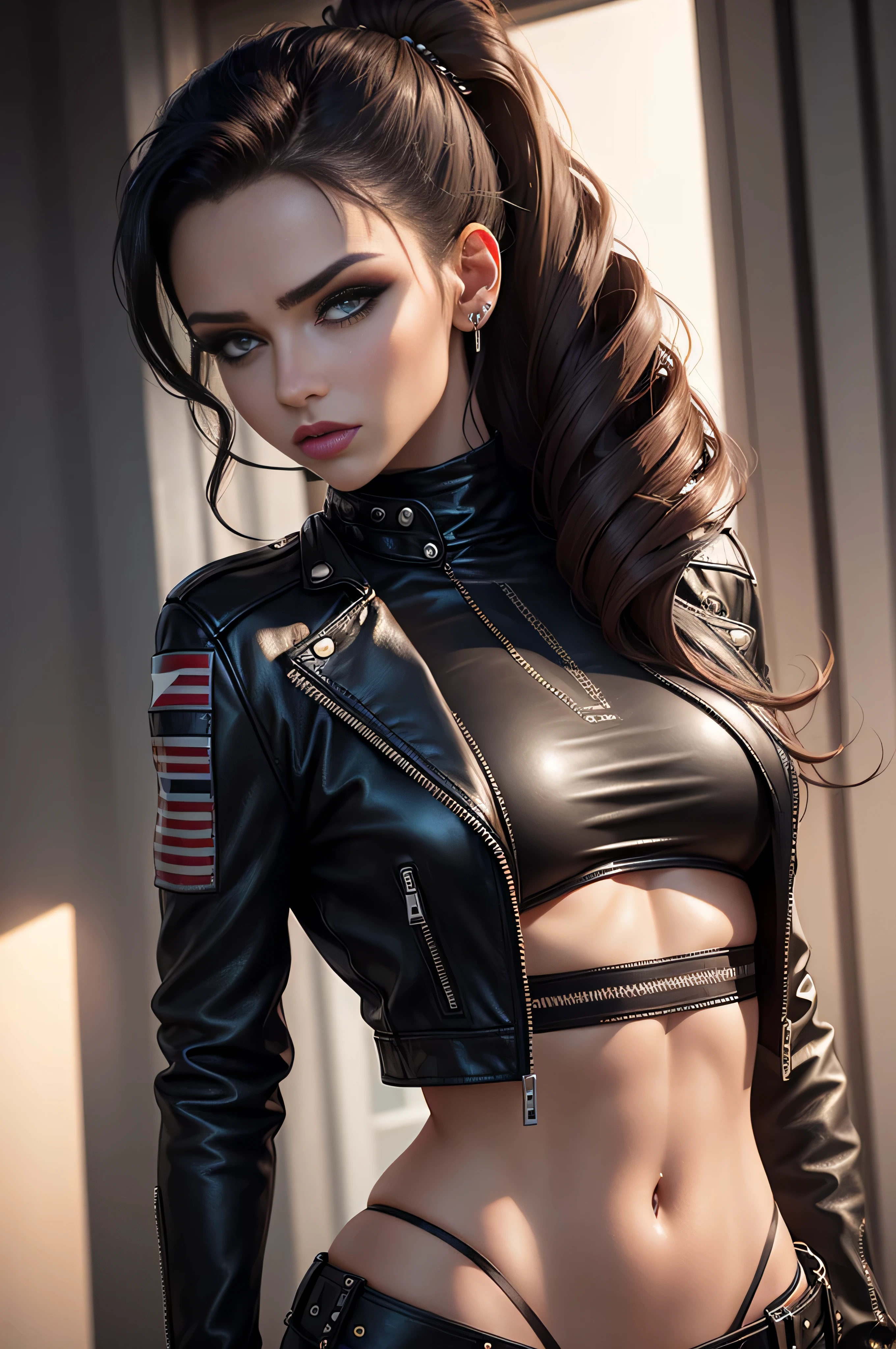 An ultra-realistic CG illustration of an american woman with a piercing gaze and bold makeup. She's wearing a leather jacket with a crop top, and her long hair is styled in a sleek updo.