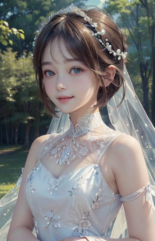 high resolution)、(8k)、(Very detailed)、(Best Illustration)、(Beautiful and delicate eyes)、(top quality)、(Super detailed)、(Masterpiece)、(wallpaper)、(a delicate face)1 girl looking at the audience、a delicate face、bright sunshine、deep shadow、low profile、purebred face_v1、a smile、Pixie cut、Good figure dress