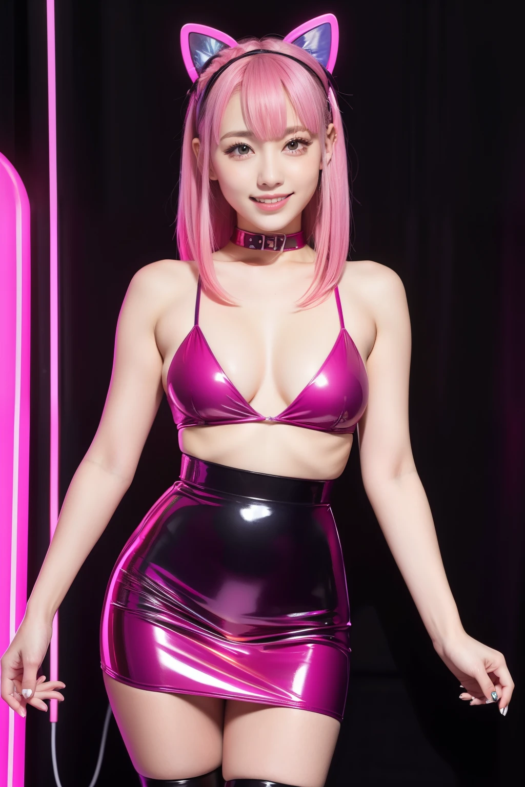 nsfw、(female idol)、gentle smile、shiny glossy latex mini skirt (neon fuchsia)、full body Esbian、multicolor hair、