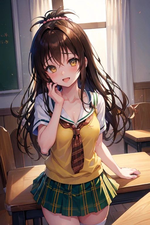 NSFW,((1 male and 1 female,have sex)),Lying,show off your nipples,yuuki mikan, (brown eyes:1.7), brown hair, hair ornaments, ヘアScrunchie, long hair, ピンクのScrunchie, Scrunchie, (flat chest:1.2), Break Green skirt, Plaid, Plaidのskirt, Southwest College Uniform, school uniform, Yellow vest,skirt,(table top:1.2), highest quality, High resolution, unity 8k wallpaper, (figure:0.8), (beautiful and fine eyes:1.6), highly detailed face, perfect lighting, Highly detailed CG, (perfect hands, perfect anatomy),Persistent stare, looking at the viewer, yandere trance, yandere, put your hand on your face,put your hand on your cheek, blank eye, Yanderes Mile,smile with open mouth,High resolution,highest quality