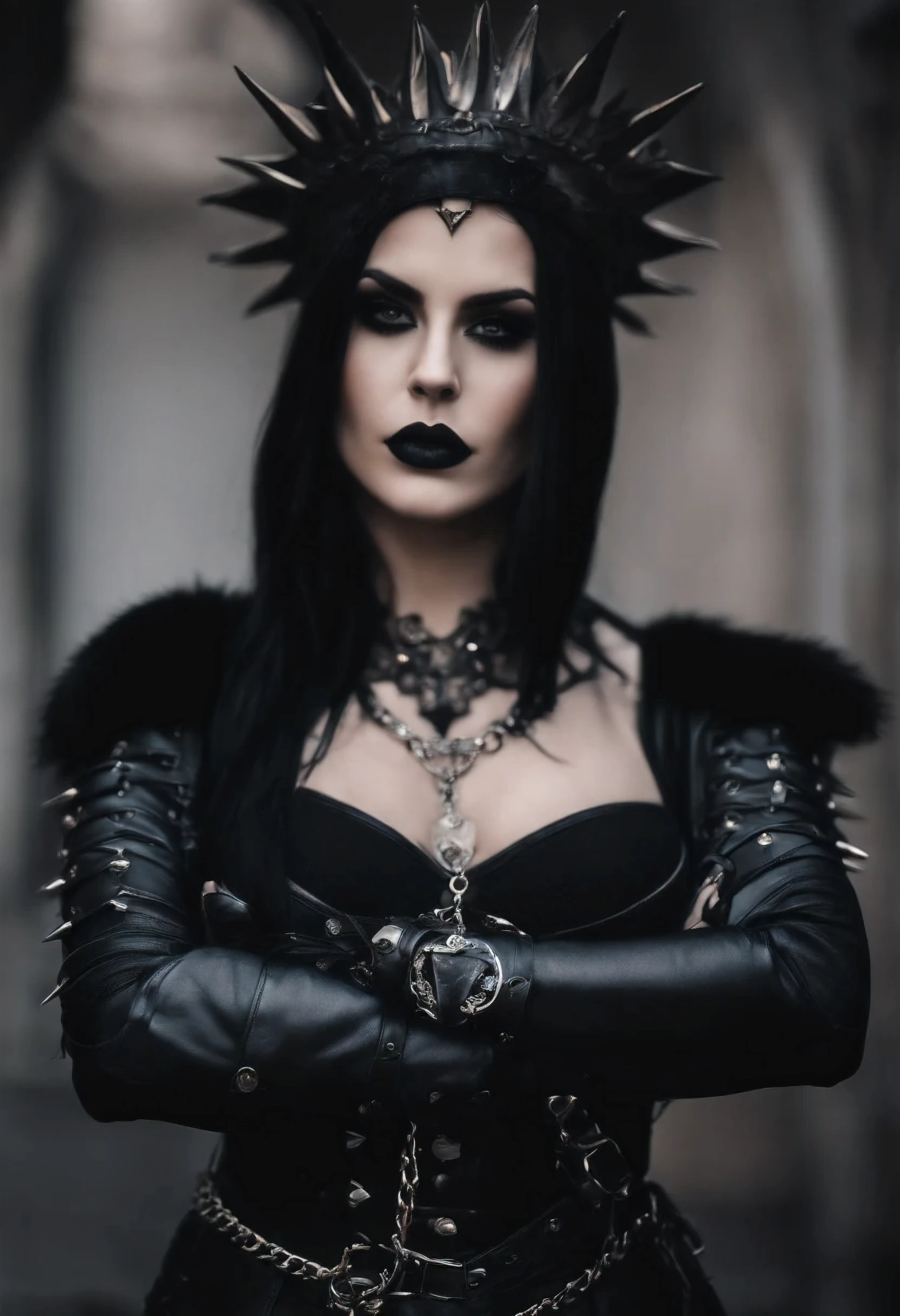 There is a woman in a black bra and a black belt., garters, garters, borderes and garters, gothic harts, wearing gothic accessories, Wearing skin with spikes, goth aesthetic, Necklace, Spiked bracelets, gothic aesthetic, thorns on the body, border, wrapped in leather belts, belts, goth, goth girl aesthetic, Gothic hearts