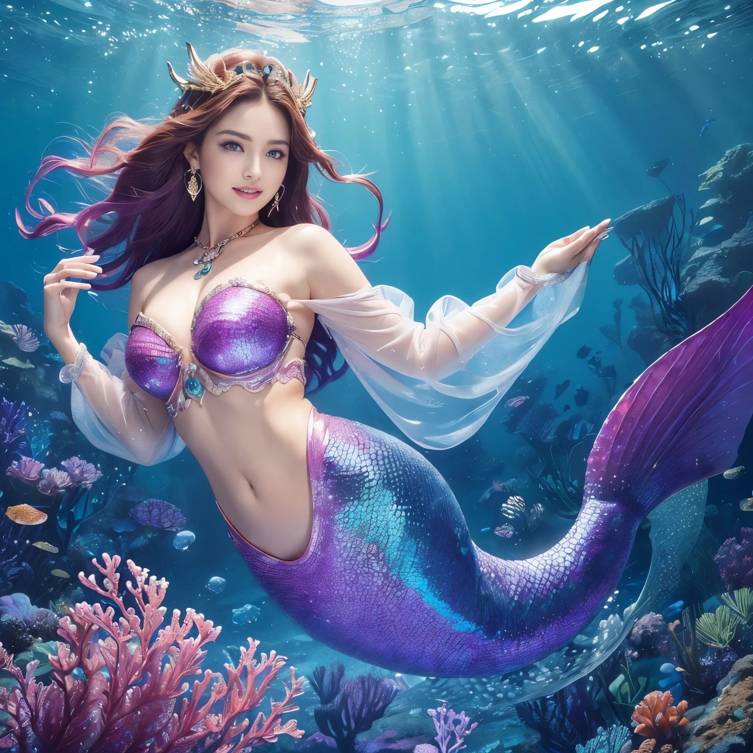 ((highest quality、table top、8K、best image quality、hyper realism)、(Little mermaid in the most luxurious and majestic costume:1.1)、(Luxurious transparent sleeve:1.1)、(Mermaid goddess swimming gracefully in the deep sea.:1.2)、(Extremely complex and detailed ocean depictions:1.1)、(There are many beautiful small tropical fish and corals in the sea.......:1.1)、(Detailed depiction of the beautiful ocean:1.1)、(Unimaginably beautiful and mysterious underwater depictions:1.1)、(sparkling pink and purple、Realistic scales that shine in every detail:1.2)、(Mermaid goddess swimming in the deep sea Upper body photo:1.1)、(Accurate mermaid tail and beautiful fins)、Beautiful sea that shines intricately、Clear and detailed background,、accurate anatomy、(The most luxurious and finest jewelry decoration throughout the body:1.1)、golden decoration、the most gorgeous goddess sleeves、the most luxurious decoration、large amount of intricate gemstones、beautiful brown hair、Highly detailed pink and purple scales、(最も贅沢でhighest qualityの巨大ティアラ:1.1)、(that'It's very vivid, Fantastic and mysterious:1.2)、(最も贅沢でhighest qualityのジャイアントネックレス)、Beautiful purple and pink tail of a mermaid、perfect makeup、the best smile when you look at me