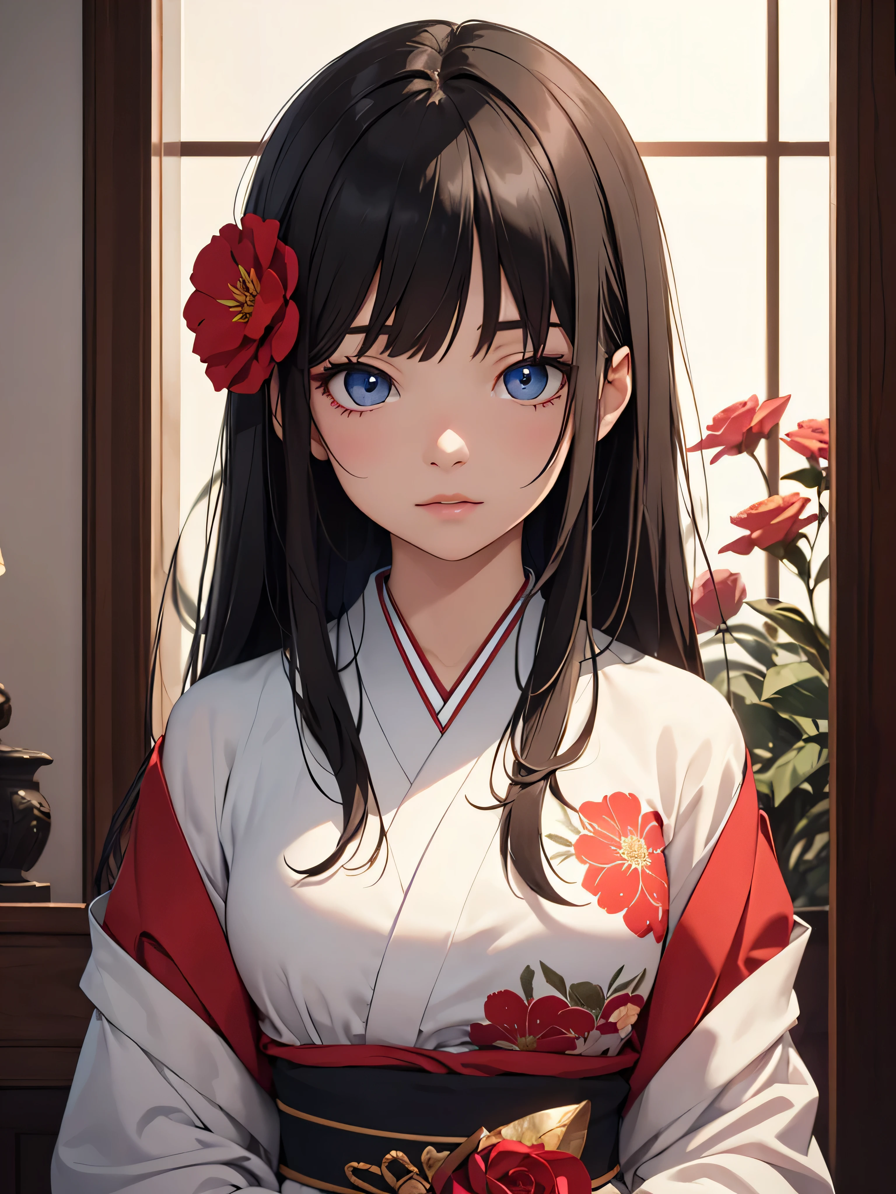 masterpiece,highest quality,absurd,original,very delicate and beautiful,Beautifully detailed eyes and face,1 girl, black_hair, flower, Japanese_Clothes, red_flower, alone,(masterpiece:1.4),(highest quality:1.4)