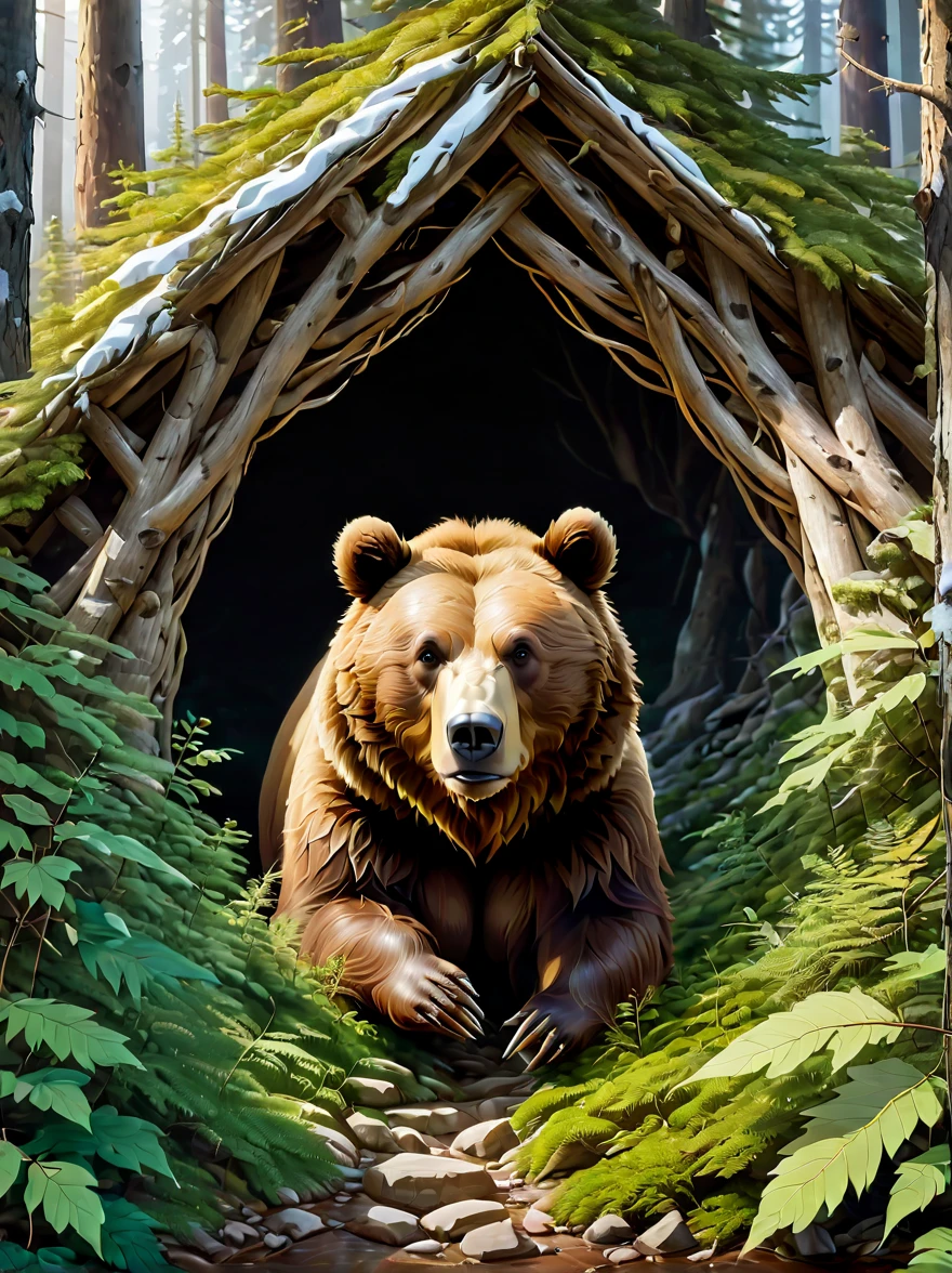 Create an image of a hibernating brown bear's den, emphasizing the den's distinct features and style. The den should be nestled in a snowy, forested landscape, indicating the approach of winter. The entrance to the den could be partially covered with snow, blending into the natural environment. Inside, the den should be cozy and insulated, with a thick layer of leaves and branches forming a soft bedding for the bear. The interior should be dimly lit, perhaps with a small opening allowing a faint light to filter through, creating a peaceful, serene ambiance. The den might show signs of the bear's presence, such as tracks leading to the entrance or fur fragments near the bedding area. Overall, the image should capture the essence of a brown bear's den during hibernation, combining elements of wilderness, tranquility, and survival.