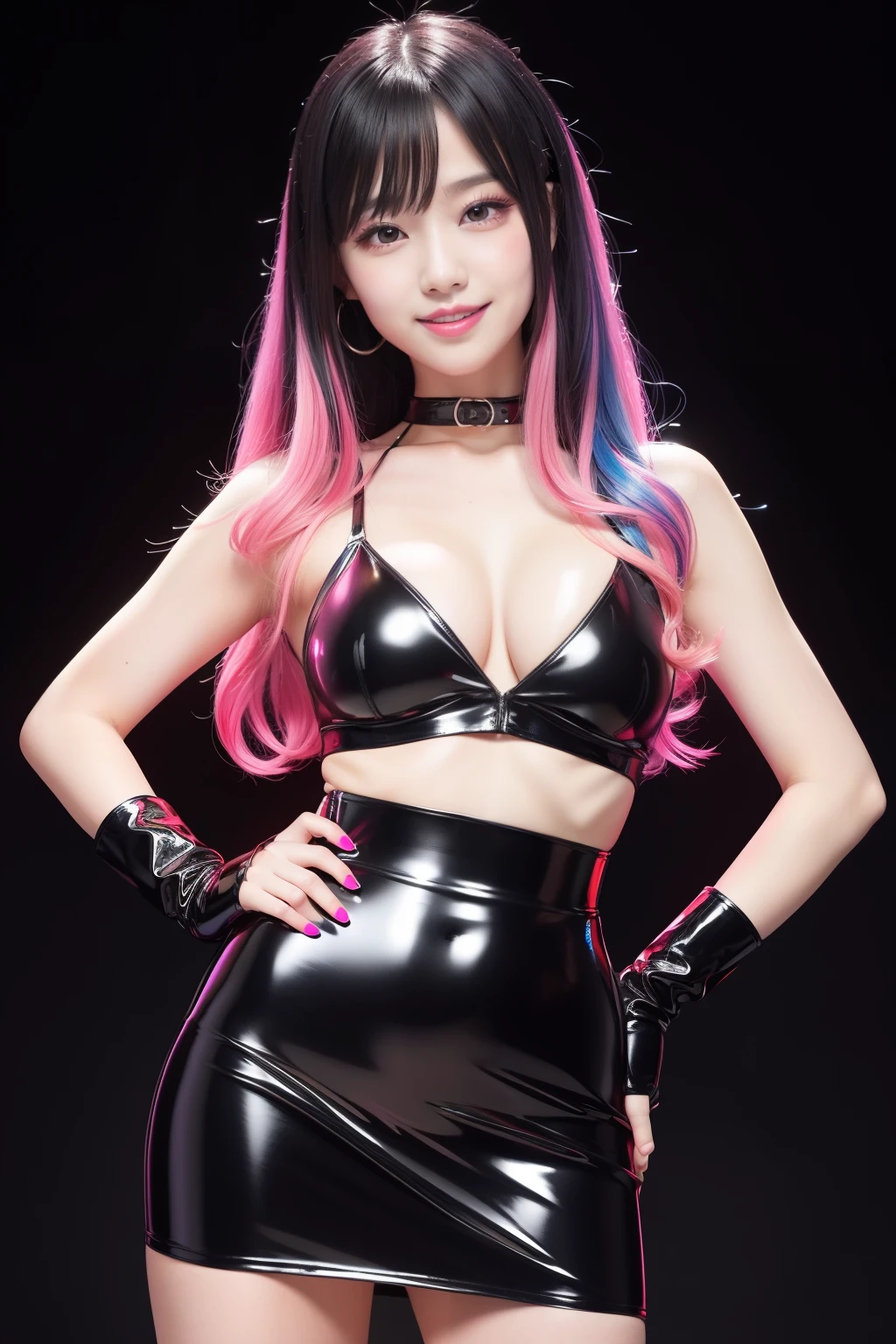 nsfw、female idol、gentle smile、shiny glossy latex mini skirt (neon black)、full body Esbian、multicolor hair、