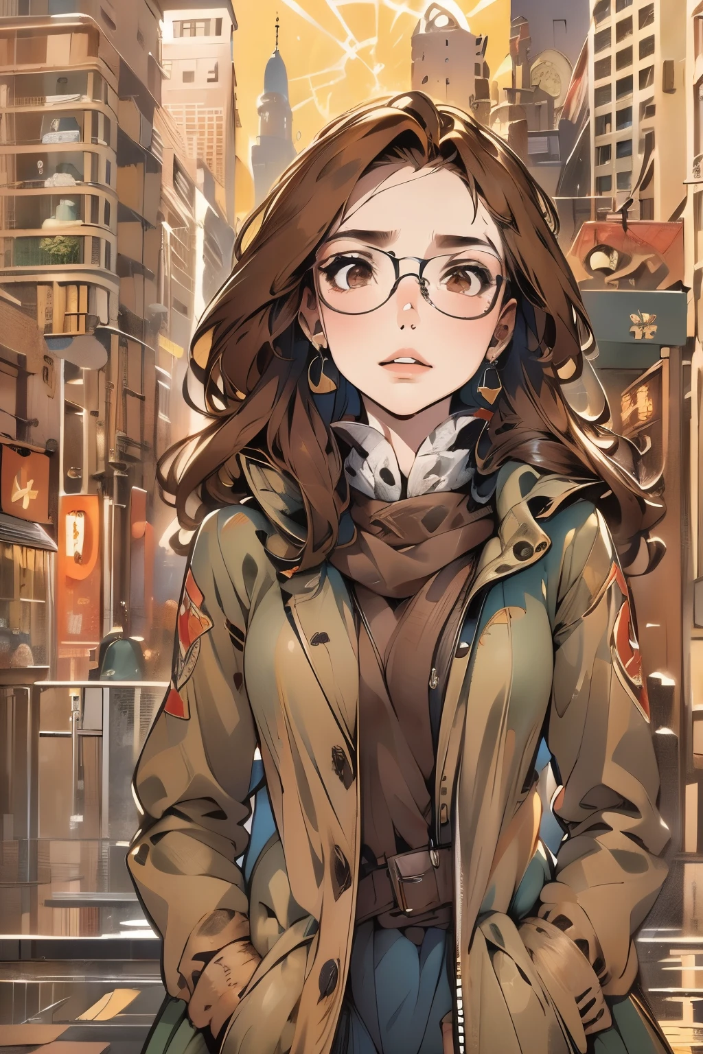 (disorganized, High resolution, Super detailed, realistic, ), 1 girl,mature, alone, long brown hair suit,brown eyes,  (Glasses)，modern city background, Super detailedな, highest quality, Detail view, vectorized, 8K,  graphic design, vector lines, Full HD，whole body