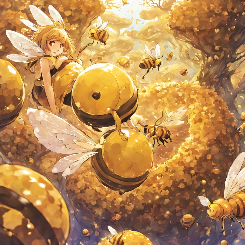 best quality, manga, anime, honey overflows from the beehive, nests, fantasy world