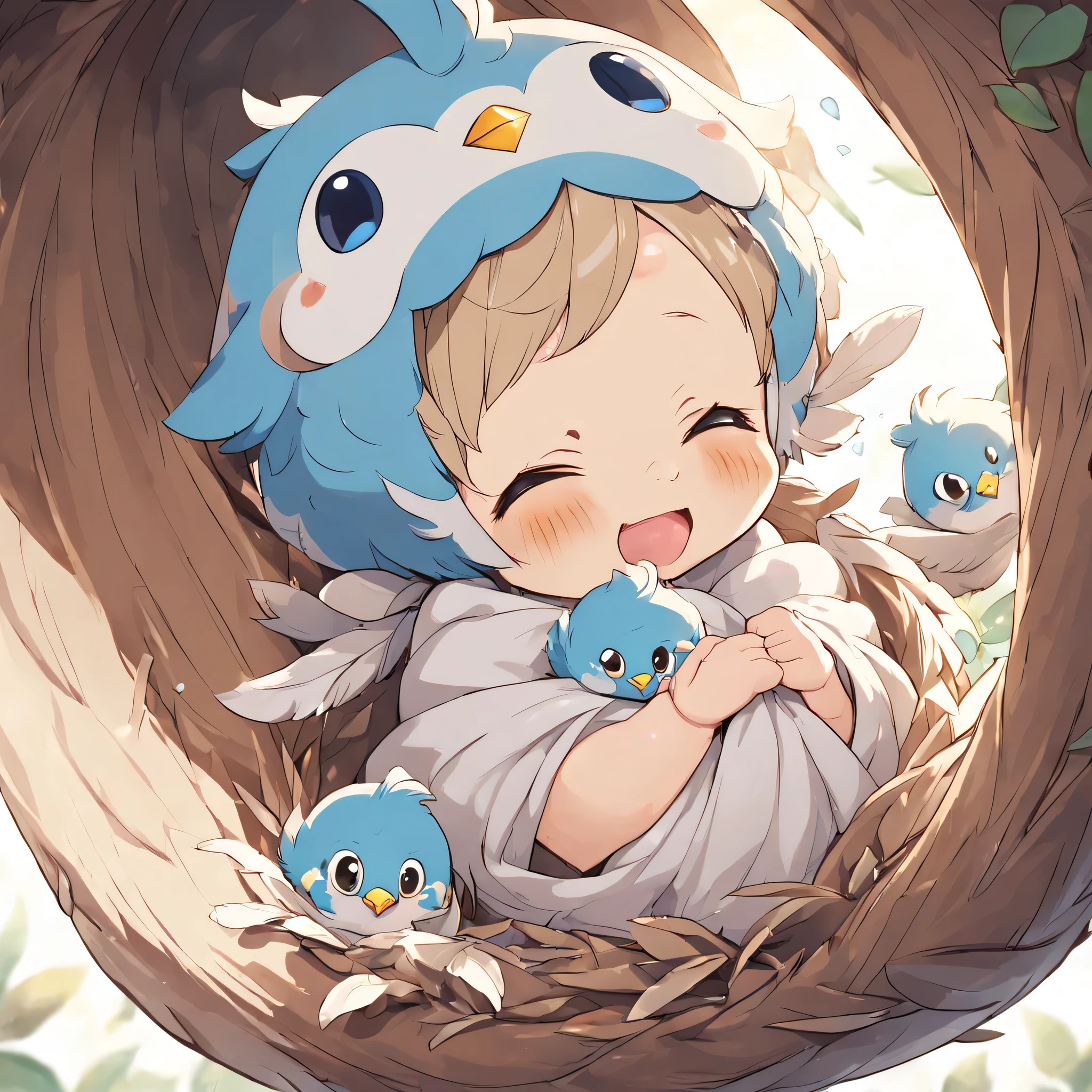 A bird pokes its head out of its nest box and begs for food..,Piyopiyo,mother bird is back,Little blue bird:cute,cute,Beautiful feathers:shiny,babyd wrapped in feathers,Happy sight,adorable,joy,Detailed details,masterpiece,