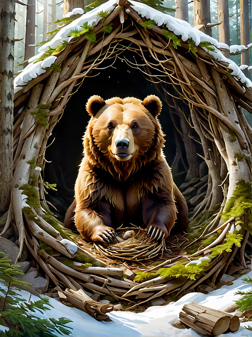 ((Image of hibernating brown bear den))，Emphasize the unique character and style of the nest。The nest should be located in a snowy forest landscape，This shows that winter is coming。The entrance to the nest may be partially covered with snow，Immerse yourself in the natural environment。inside，The nest should be comfortable and insulated，Having a thick layer of leaves and branches provides bears with soft bedding。Indoor light should be dim，maybe a small opening，Let the faint light pass through，create a kind of peace、Peaceful atmosphere。Dens may show signs of bear presence，Such as marks leading to the entrance or fragments of fur near the bedding area。Overall，Images should capture the essence of a brown bear&#39;s den during hibernation，combined with wilderness、elements of tranquility and survival。