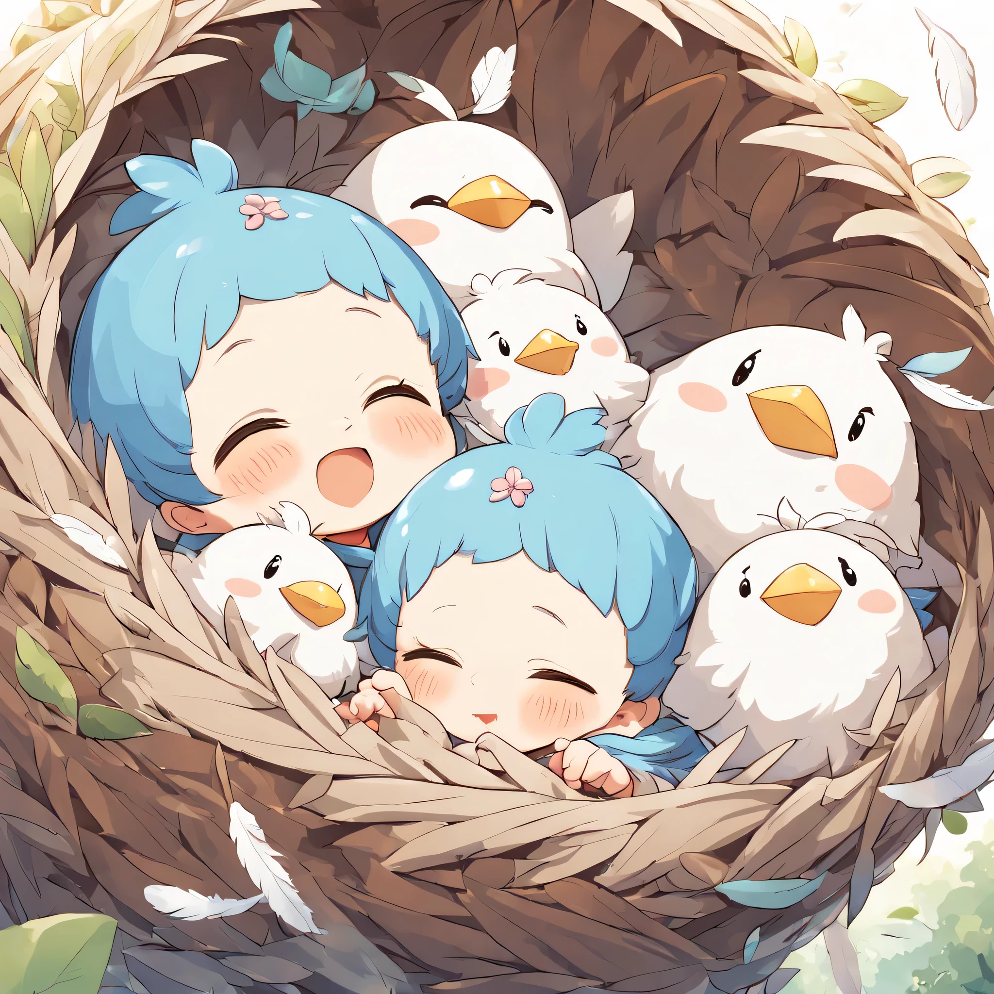 A bird pokes its head out of its nest box and begs for food..,Piyopiyo,mother bird is back,Little blue bird:cute,cute,Beautiful feathers:shiny,babyd wrapped in feathers,Happy sight,adorable,joy,Detailed details,masterpiece,