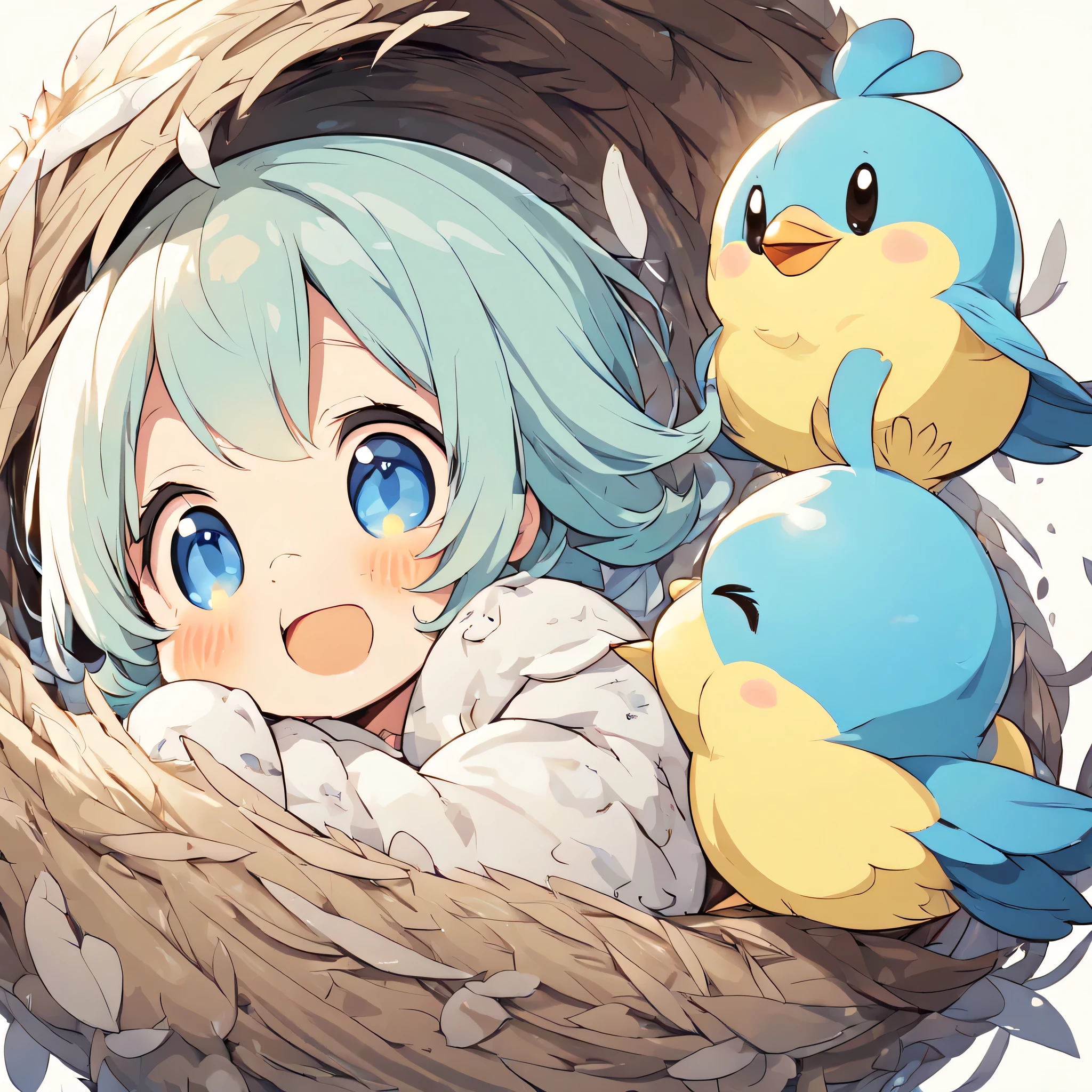 A baby bird pokes its head out of its nest box and begs for food..,Piyopiyo,mother bird is back,Little blue bird:cute,cute,Beautiful feathers:shiny,baby bird wrapped in feathers,Happy sight,adorable,joy,Detailed details,masterpiece,