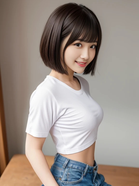 top-quality,masterpiece,Raw photography,8K,Top image quality,hight resolution, 18 years old Japanese female idol ,Beautuful Women,cute Japanese girls, Pretty Woman ,Beautiful face in every detail, aegyo sal ,small head, seductive smile ,Realistic human skin, pale skin ,cut model , Short hair ,bowl cut ,skinny body ,Sweat, big size shirt, shirt lift ,rib ,(low rise pants,from side, crotch grab ,hand inside clothes ), arched back, face focus, hand focus, navel focus