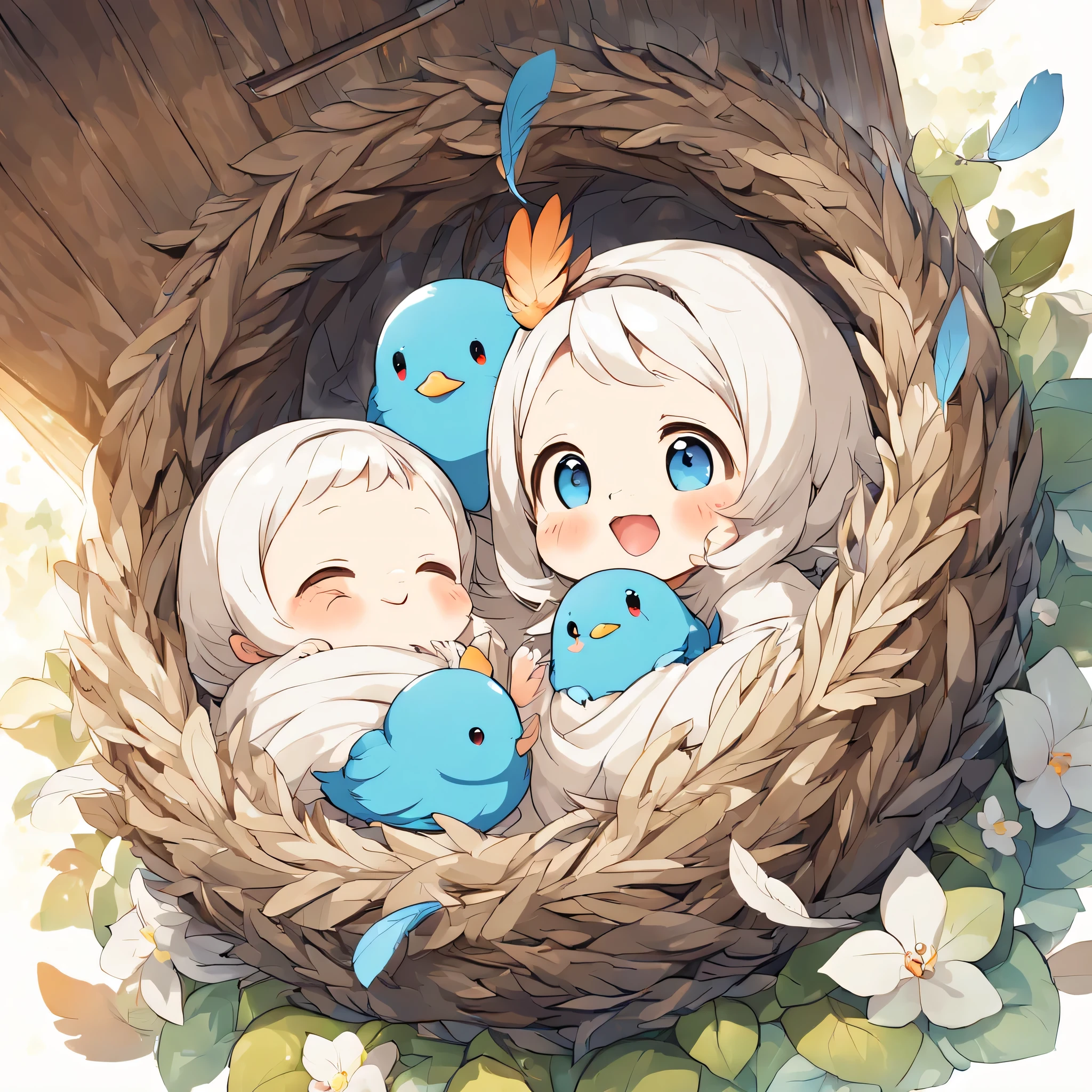 A  bird pokes its head out of its nest box and begs for food..,Piyopiyo,mother bird is back,Little blue bird:cute,cute,Beautiful feathers:shiny,babyd wrapped in feathers,Happy sight,adorable,joy,Detailed details,masterpiece,
