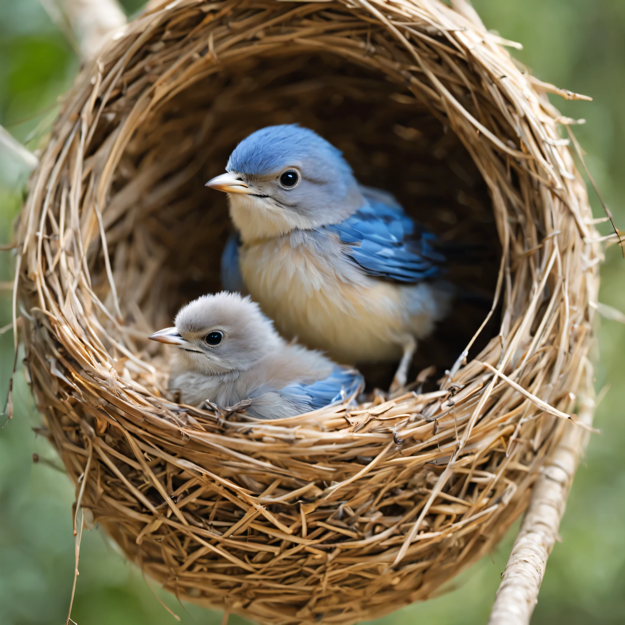 A bird pokes its head out of its nest box and begs for food..,pot-shaped birdhouse:woven basket,Piyopiyo,mother bird is back,Little blue bird:cute,cute,Beautiful feathers:shiny,babyd wrapped in feathers,happiness,I'I'm doing well today,Eat a lot and grow big