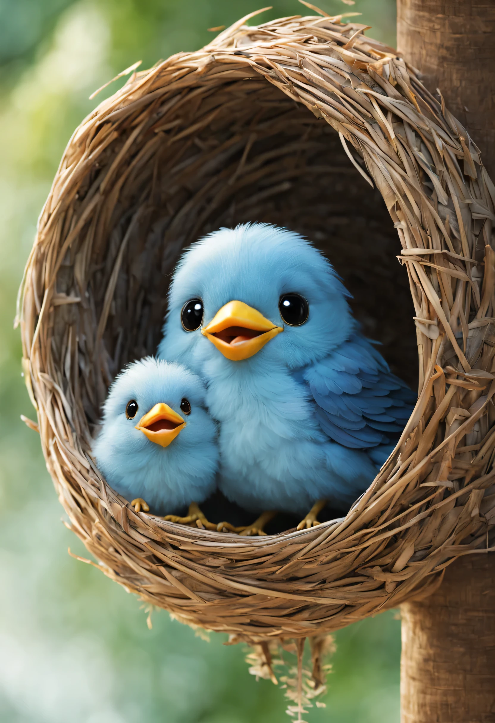 A baby bird pokes its head out of its nest box and begs for food..,pot-shaped birdhouse:woven basket,Piyopiyo,mother bird is back,Little blue bird:cute,cute,Beautiful feathers:shiny,baby bird wrapped in feathers,happiness,I&#39;I&#39;m doing well today,Eat a lot and grow big