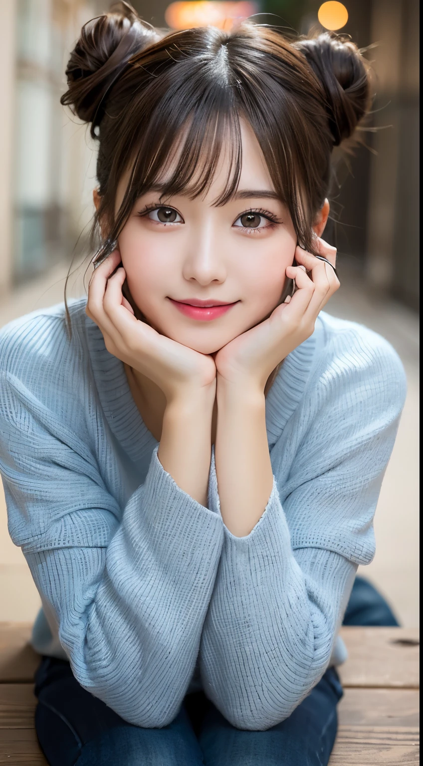 table top, highest quality, figure, super detailed, finely, High resolution, 8k wallpaper, 完璧なダイナミックな構figure, beautiful and fine eyes, Trendy Women's Fashion Winterwear,bun hair,,natural color lip, random sexy pose,smile,Home、20 year old girl、cute、You look at the camera,RAW photo,Kamimei,shoot from above,anatomically correct condition